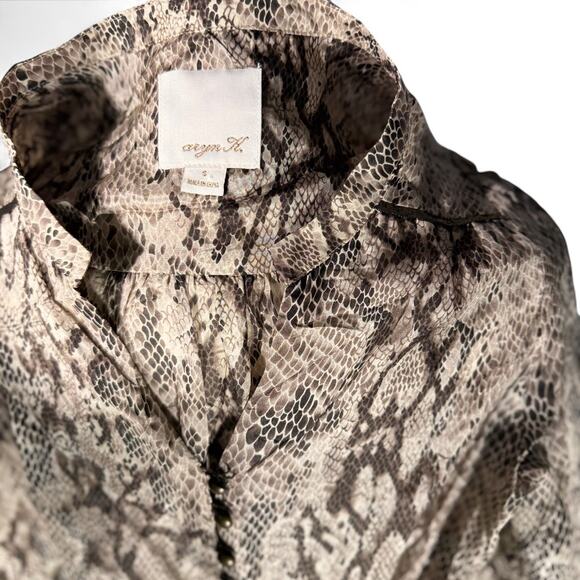 Anthropologie Aryn K 100% Silk Puff Sleeve Python Snakeskin Smocked Dress S ASO - Picture 3 of 14